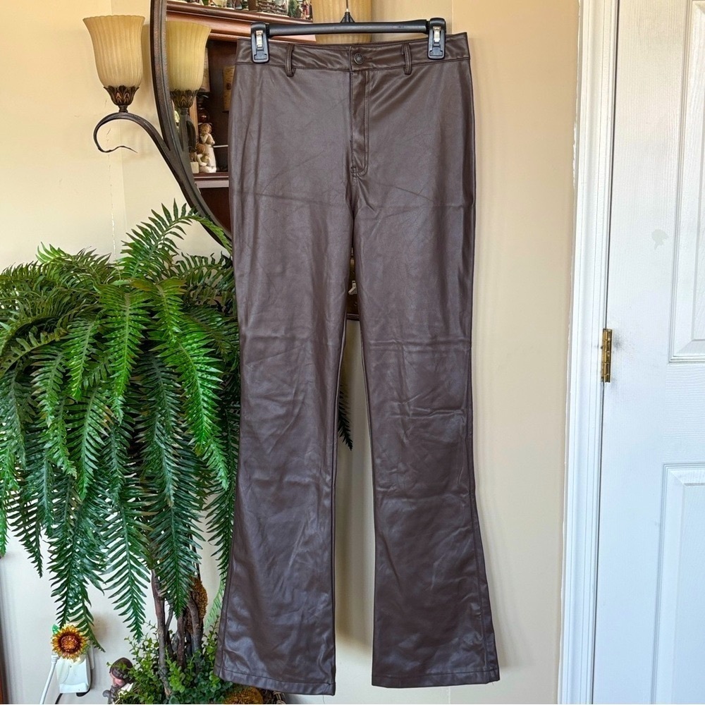MOTEL Faux Leather Vegan Matte Brown Pants Boot Cut Flare Motorcycle Biker